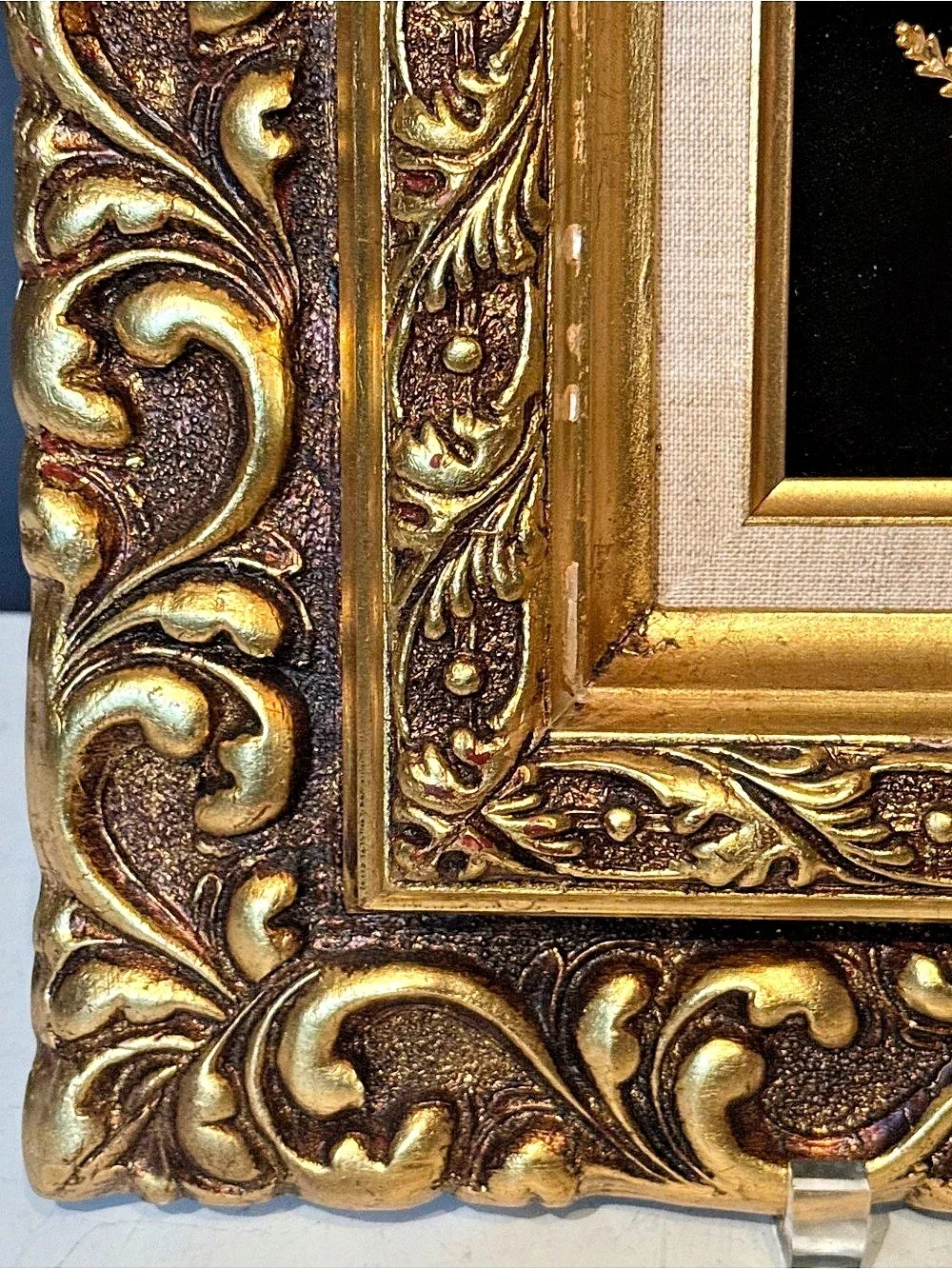 Vintage Saburo 24k Gold Plated Ornate Framed Orchids and Ferns - Marked 1947